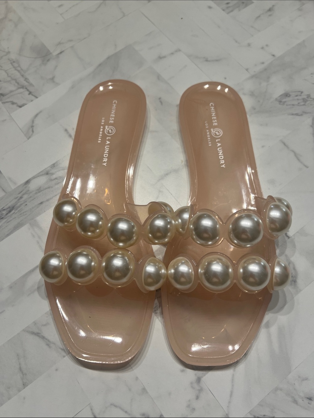 Chinese Laundry Pink Pearl-Trim Slide Sandals